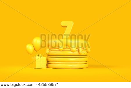 Happy 7th Birthday Celebration Cake With Present And Balloons. 3d Rendering