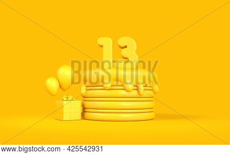 Happy 13th Birthday Celebration Cake With Present And Balloons. 3d Rendering