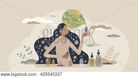 Aromatherapy Scent Procedure With Healthy Essential Oils Tiny Person Concept. Smelling Floral Fragra