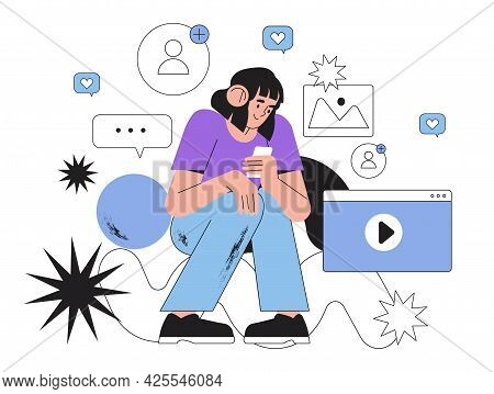 Young Woman Looking On Smartphones Screen And Chatting. Happy Girl Talking And Typing On Mobile Phon