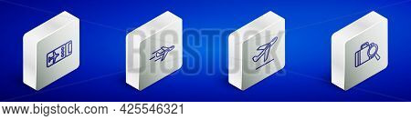 Set Isometric Line Airline Ticket, Plane, Takeoff And Lost Baggage Icon. Vector