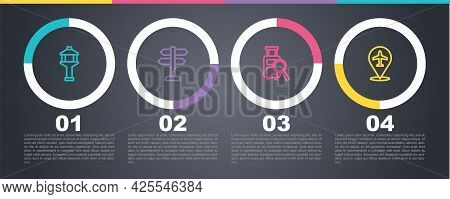 Set Line Airport Control Tower, Road Traffic Sign, Lost Baggage And Plane. Business Infographic Temp