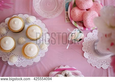 Pink Table Top View With Sweets Candies