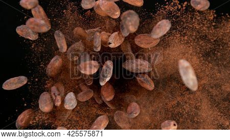 Rotating Raw Cocoa Beans on Black Background, Top Shot.
