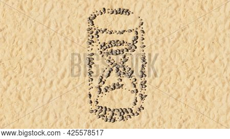 Concept conceptual stones on beach sand handmade symbol shape, golden sandy background, hourglass sign. 3d illustration metaphor for time passing, countdown, deadline, transient and nature cycles