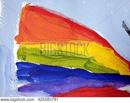 Colorful Brushpaint Strokes On Paper Surface. Painted Texture Of Rainbow Stripes