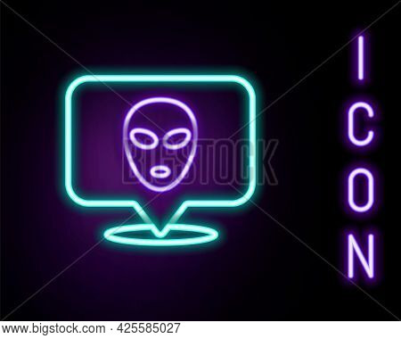 Glowing Neon Line Alien Icon Isolated On Black Background. Extraterrestrial Alien Face Or Head Symbo