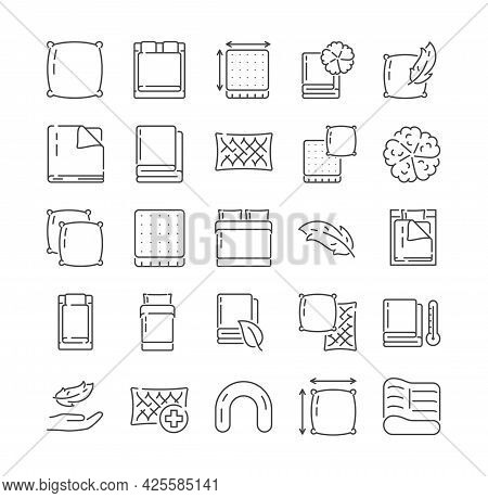 Large Set Of Icons Related To Household Linens. Bedlinen, Towels, Cushions, Pillows, Eco-friendly Co