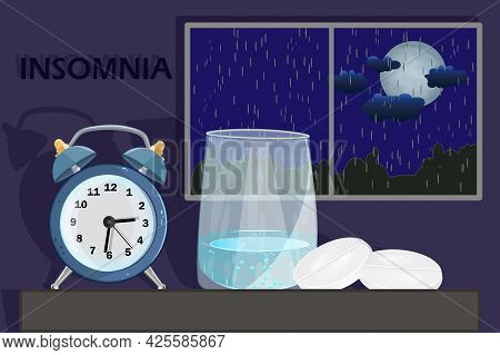 Sleep Disorder Or Insomnia Concept. Clock, Glass With Water And Pill On Dark Blue Sky Background Wit
