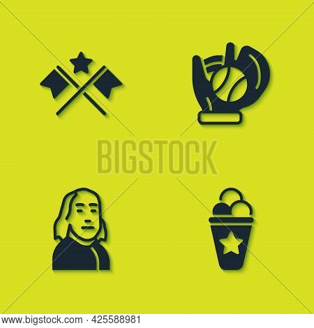 Set American Flag, Ice Cream In Waffle Cone, Benjamin Franklin And Baseball Glove With Ball Icon. Ve