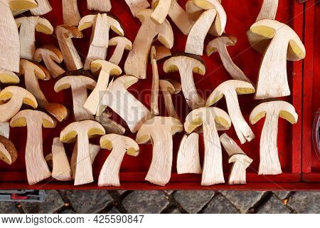 Food Market Of Hotorget In Stockholm, Sweden. Bolete Mushrooms From The Forest.