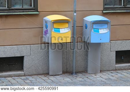 Stockholm, Sweden - August 23, 2018: Postbox In Stockholm, Sweden. Postnord Is The Merged Postal Ser