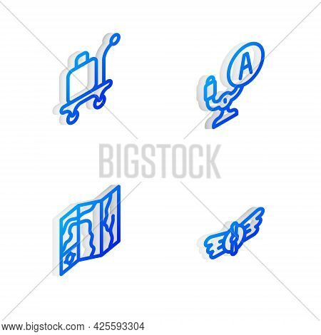 Set Isometric Line Aircraft Steering Helm, Trolley Baggage, World Travel Map And Aviation Emblem Ico