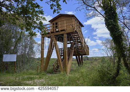 Birdwatching Post In A Natural Environment. Landscape Of A Protected Area