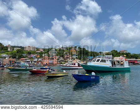 St Georges, Grenada - June 17, 2021: Boats In The Bay At St Georges, Grenada.