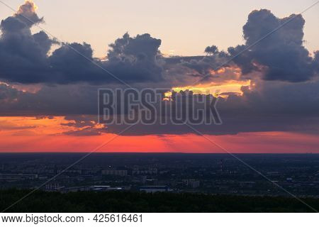 Beautiful Sunsebeautiful Sunset Over The City. Twilight, The Sun Is Over The Horizon. T Over The Cit