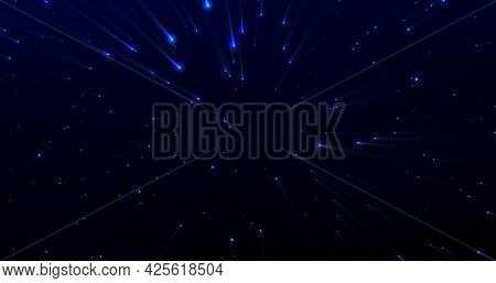 Glowing blue points and beams of light moving on a black background. light, colour, energy and movement concept, digitally generated image.