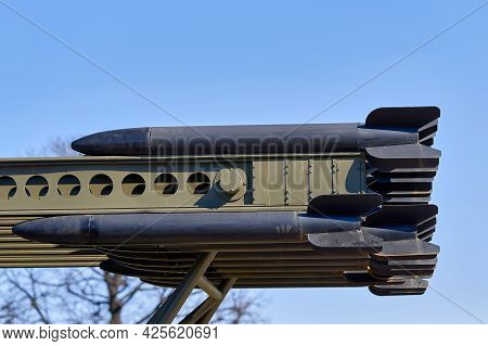 Fragment Of The Katyusha Rocket Artelerik Complex Against The Sky