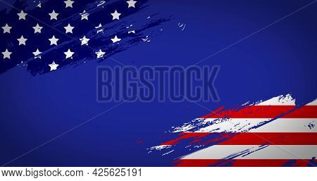 Image of split in two corners American flag moving in seamless loop in repetitive motion on blue background. United States of America presidential election democracy concept digitally generated image.
