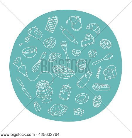 Bakery Products And Baking Tools Linear Label. Round Sticker With Thin Line Icons Of Different Baked