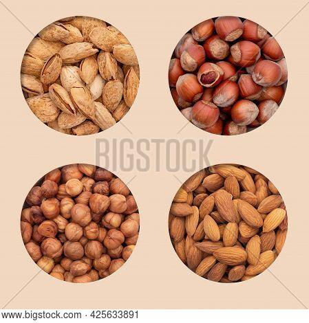 Four Kinds Of Nuts In A Hole Beige Paper Background. Unpeeled And Unshelled Almonds, Unpeeled And Un