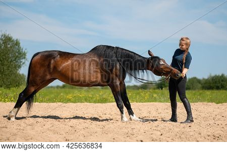 Happy Caucasian Young Woman Is Training Her Free Thoroughbred Horse In Outdoors.