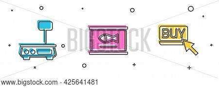 Set Electronic Scales, Canned Fish And Buy Button Icon. Vector