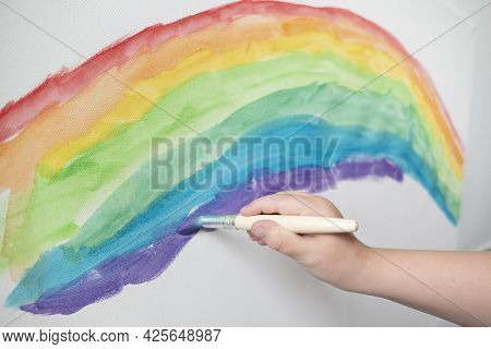Kid Drawing Colorful Line Art With Paints