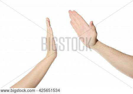 Give Five Hands Gesture, White Isolated Background. Man And Woman Slap Hands, High Five