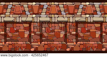 Horizontal Seamless Pattern, Ancient Stone Wall With Decorative Ornament, Part Of A Prison Or Fortre