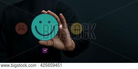 Customer Experience Concept. Happy Client Giving Positive Review. Exellent Feedback For Products And