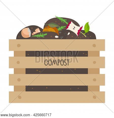 Compost Wooden Box With Fruits, Vegetable Scraps, Greens, Shells In Ground. No Food Waste. Environme