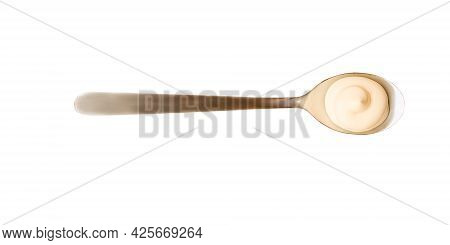 Mayonnaise Drop In The Spoon. Top View Of Sause Splash Isolated On White Background. High Reolution 