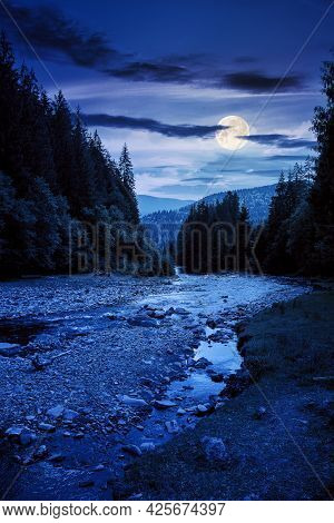 Mountain River Runs Through Forested Valley. Countryside Scenery On A Summer Night. Trees And Stones