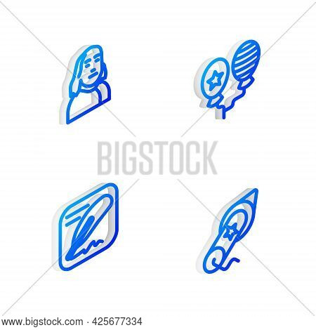 Set Isometric Line Balloons, Benjamin Franklin, Declaration Of Independence And Firework Icon. Vecto
