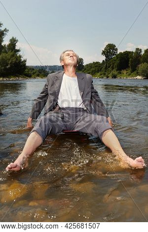 Manager In Grey Suit Became Crazy Of Hot Weather And Cooling In River