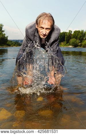 Manager In Grey Suit Became Crazy Of Hot Weather And Cooling In River