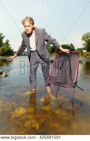 Manager In Grey Suit Became Crazy Of Hot Weather And Cooling In River