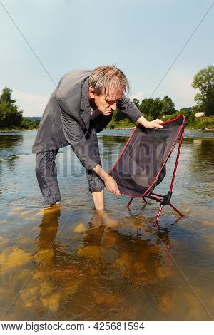 Manager In Grey Suit Became Crazy Of Hot Weather And Cooling In River
