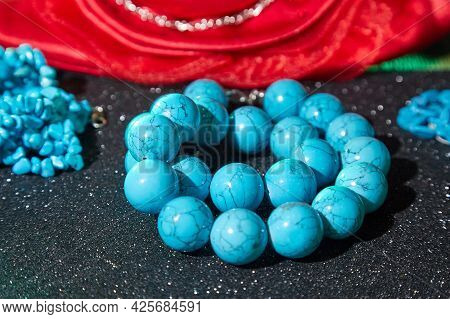 Beautiful Blue Beads. The Concept Of A Beautiful, Elegant Life And Beautiful Decoration For Woman