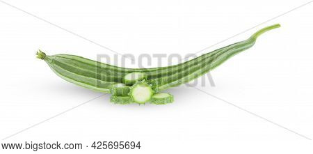 Whole And Slices Of  Luffa Acutangula,angled Loofah  Isolated On White Background