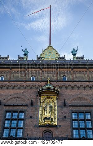 Copenhagen, Denmark - Oct 21, 2018: Golden Statute Of Bishop Absalon Located At The Top Entrance To 