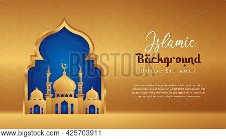 Islamic Background Design With 3d Mosque Illustration In Gold Color. Can Be Used For Greetings Card,