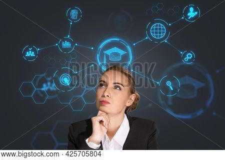 Thoughtful Young Businesswoman Pondering About Educational Prospective In Future Career, Master Degr
