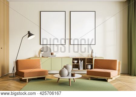 Two Mockups In Row On The Light Yellow Wall Above The Sideboard. Orange And Green Waiting Room Inter