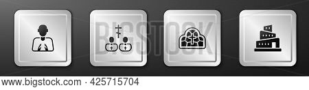 Set Hands In Praying Position, Priest, Stained Glass And Babel Tower Bible Story Icon. Silver Square