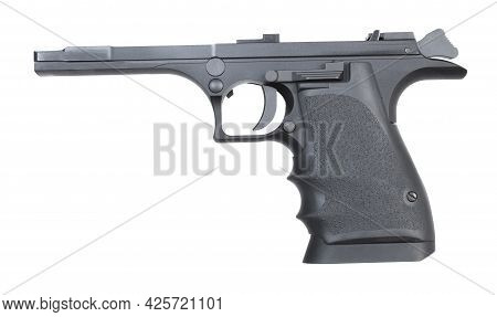 Frame For A Large Calibier Semi-automatic Pistol That Is Isolaited On A White Background.