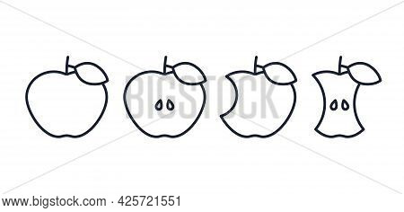 Apple Icon. Vector. Half, Bitten, Whole And Apple Core In Line Art Design. Outline Signs Isolated On