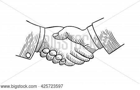 Handshake Icon In Sketchy Doodle Style. Vintage Art On White Background. Vector Illustration.