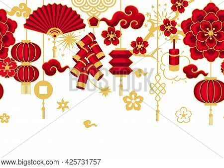 Happy Chinese New Year Ceamless Pattern. Background With Oriental Symbols.
